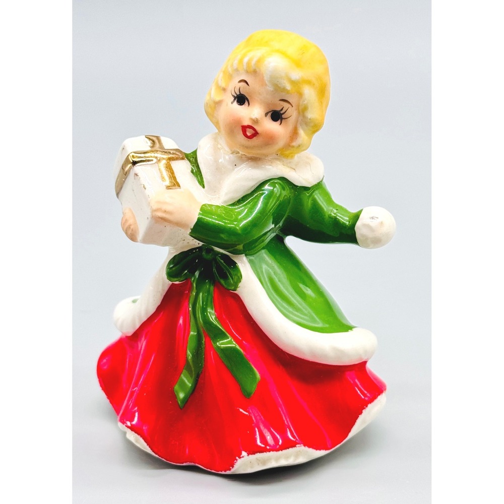 Lefton Christmas Girl Holding Gift Figurine 724 Vintage Ceramic Japan 4 inch